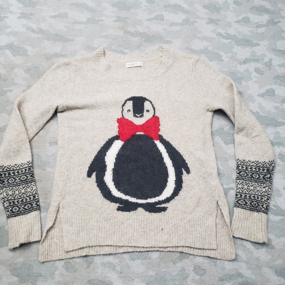 Abercrombie & Fitch Sweater Womens Medium Beige Pullover Wool Blend Penguin
